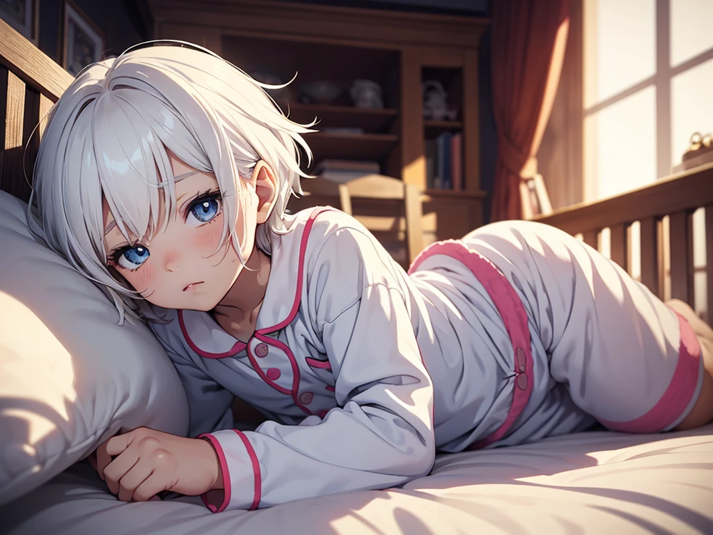 an anime image of a small boy with white hair wearing a thick diaper underneath a onesie pajama, sleeping in a crib, (1boy), adorable, masterpiece, extremely detailed, beautiful eyes, sharp focus, vivid colors, studio lighting, intricate details, soft textures, soft lighting, dramatic lighting, cozy atmosphere, high quality,