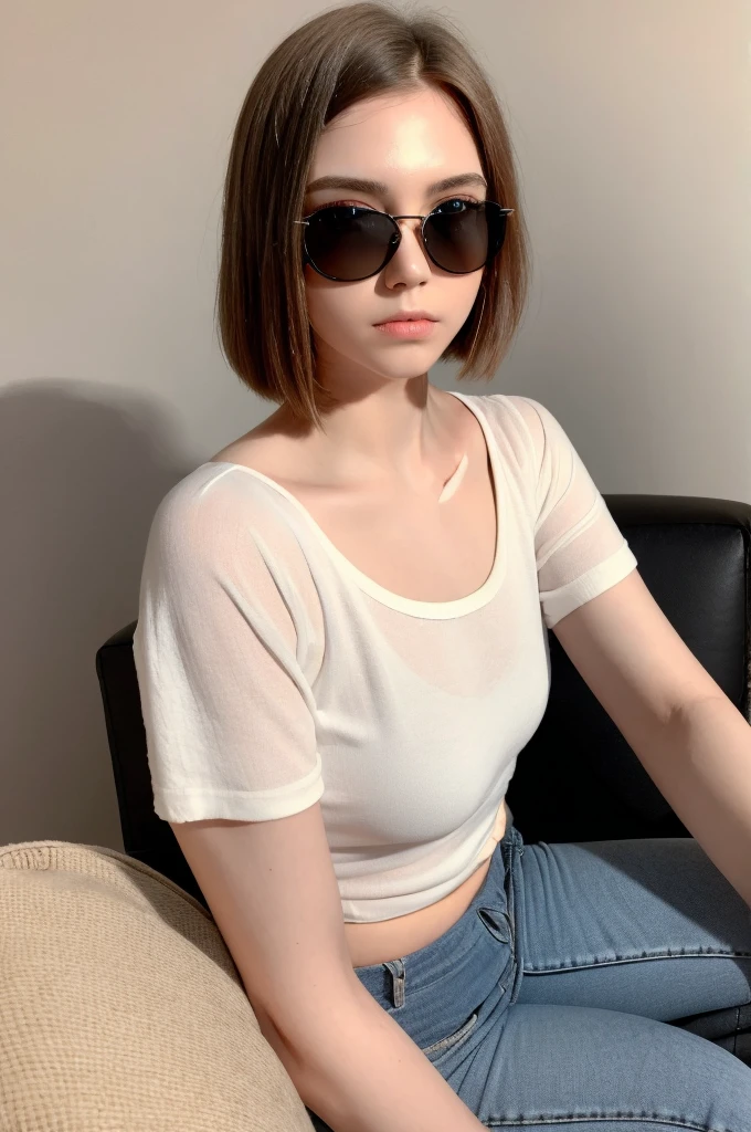 short straight hair, light blue eyes, white skin, black sunglasses, sofa