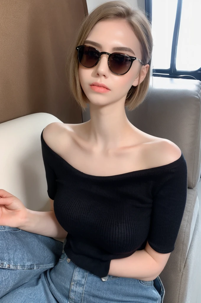 short straight hair, light blue eyes, white skin, black sunglasses, sofa