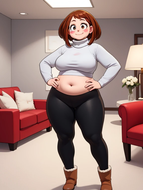 high quality, best quality, beautiful, perfect lighting, detailed face, mature face, slight wrinkles around the face, ((1girl)), ((solo)), Imagine Ochaco Uraraka as an adult, 45 years old, MILF, plus sized milf, short brown hair, brown eyes, ((blush)), smile, looking at viewer, black leggings, red turtleneck sweater, ugg boots, ((medium breasts)), wide hips, thick thighs, chubby, love handles, muffin-top, round belly, living room, hands on hips,
