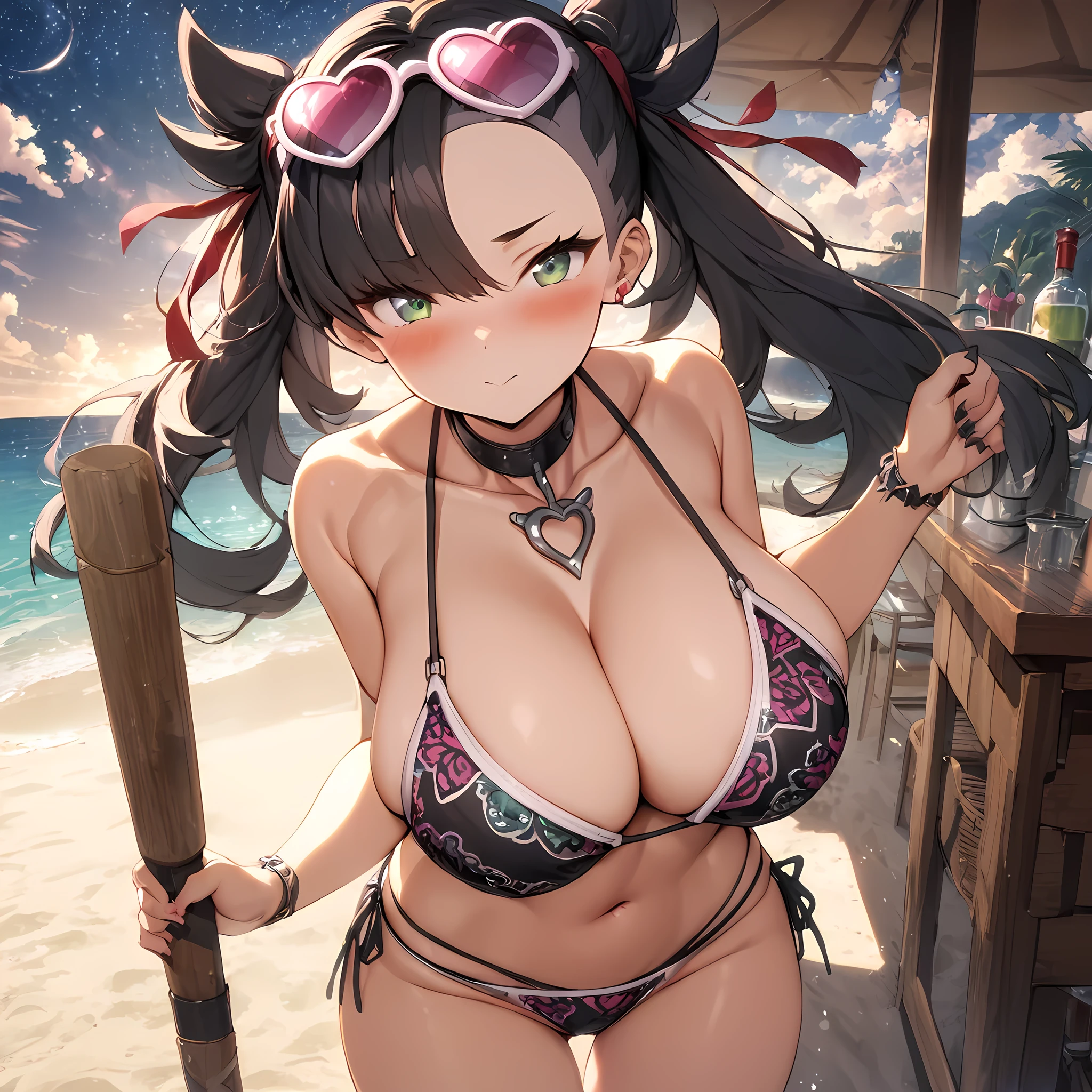 (masterpiece), best quality, expressive eyes, perfect face,1girl,gravure idol,big breasts,pink and black patterned string bikini,pink heart-shaped sunglases on head,strap gap,beach,beach bar,blush,cowboy shot,looking at viewer 
, red ribbon, asymmetrical bangs, twintails, green eyes, hair ribbon, black hair, marnie, heart pendant,night,starry sky