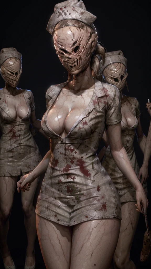 (NSFW, masterpiece, best quality)
SilentHillNurse, 1girl, multiple girls, hat, dress, holding, 2girls, cleavage, medium breasts, faceless female, weapon, blood, mask, short dress, knife, faceless, nurse cap, holding knife, nurse, no eyes, horror \(theme\)
