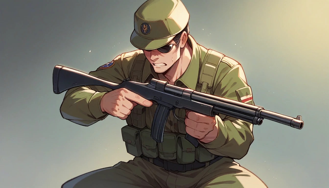 Soldier pointing shotgun at terrorist's head