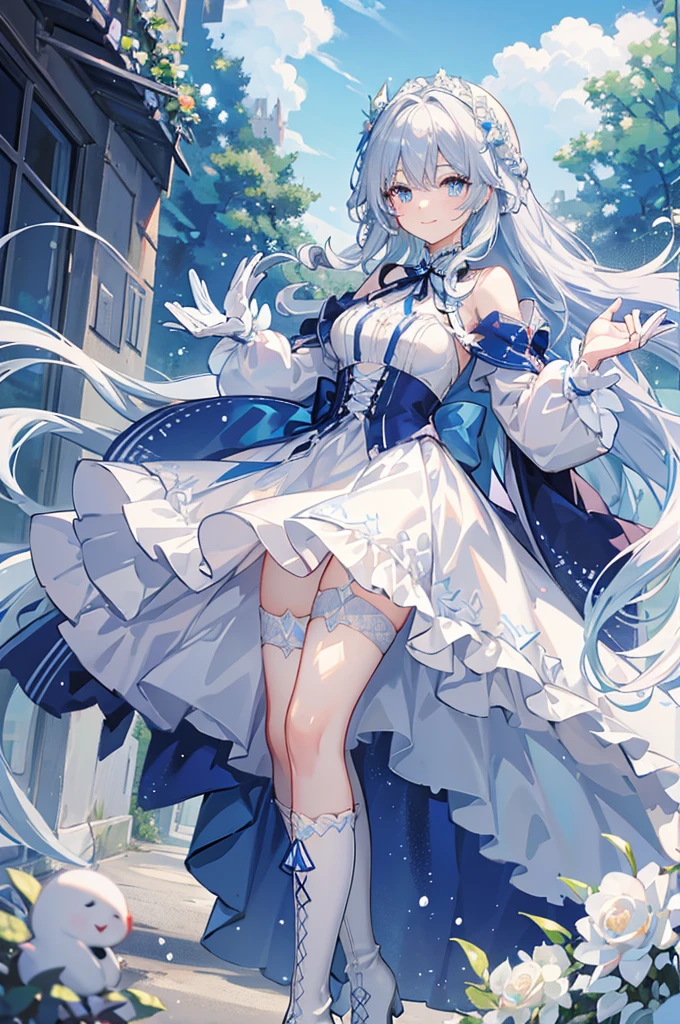 A woman with white hair and blue eyes、adult、Long, fluffy wavy hair、Braiding、Wearing hair ornaments、Smiling、Princess、White gloves、Blue-tinted dress、ribbon、Decorations such as roses and drops、race、Wearing a white and blue cape、The dress is short in the front and long in the back、Garter Ring、short boots、Fantasy