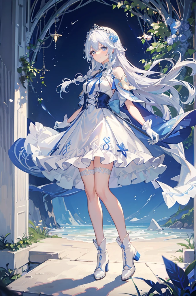 A woman with white hair and blue eyes、adult、Long, fluffy wavy hair、Braiding、Wearing hair ornaments、Smiling、Princess、White gloves、Blue-tinted dress、ribbon、Decorations such as roses and drops、race、Wearing a white and blue cape、The dress is short in the front and long in the back、Garter Ring、short boots、Fantasy