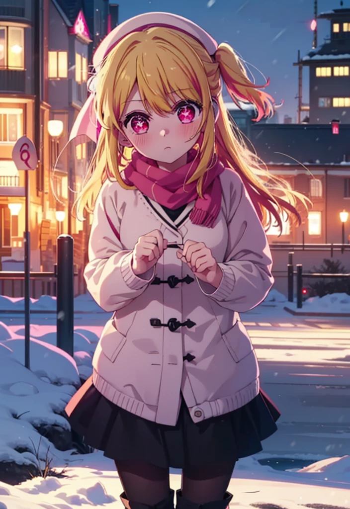 rubyhoshino, Ruby Hoshino, Long Hair, bangs, Blonde, (Pink Eyes:1.3), (Symbol-shaped pupil:1.5), Multicolored Hair, Two-tone hair, Earmuffs,Knitted hat,Purple Scarf,Red long coat,V-neck sweater,Long skirt,Black Pantyhose,short boots,snow,snow,snow,snow,snowが積もっています,snowが降る,whole bodyがイラスト入るように,Hiding in a roofed building,
break outdoors, construction area,
break looking at viewer, whole body,
break (masterpiece:1.2), Highest quality, High resolution, unity 8k wallpaper, (shape:0.8), (Beautiful attention to detail:1.6), Highly detailed face, Perfect lighting, Extremely detailed CG, (Perfect hands, Perfect Anatomy),