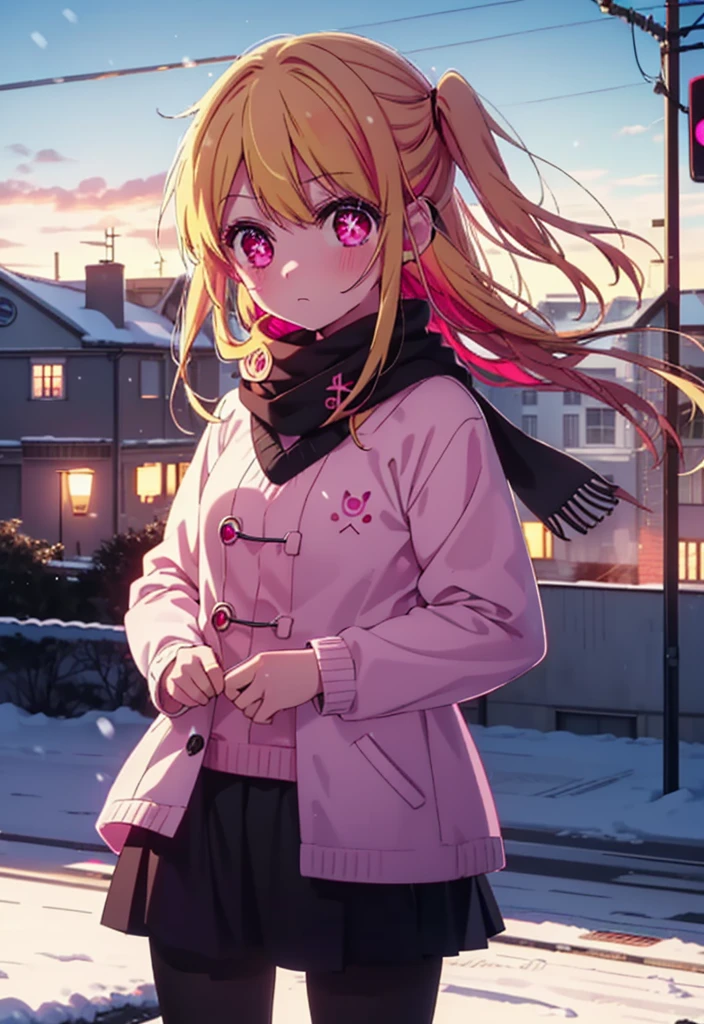 rubyhoshino, Ruby Hoshino, Long Hair, bangs, Blonde, (Pink Eyes:1.3), (Symbol-shaped pupil:1.5), Multicolored Hair, Two-tone hair, Earmuffs,Knitted hat,Purple Scarf,Red long coat,V-neck sweater,Long skirt,Black Pantyhose,short boots,snow,snow,snow,snow,snowが積もっています,snowが降る,whole bodyがイラスト入るように,Hiding in a roofed building,
break outdoors, construction area,
break looking at viewer, whole body,
break (masterpiece:1.2), Highest quality, High resolution, unity 8k wallpaper, (shape:0.8), (Beautiful attention to detail:1.6), Highly detailed face, Perfect lighting, Extremely detailed CG, (Perfect hands, Perfect Anatomy),