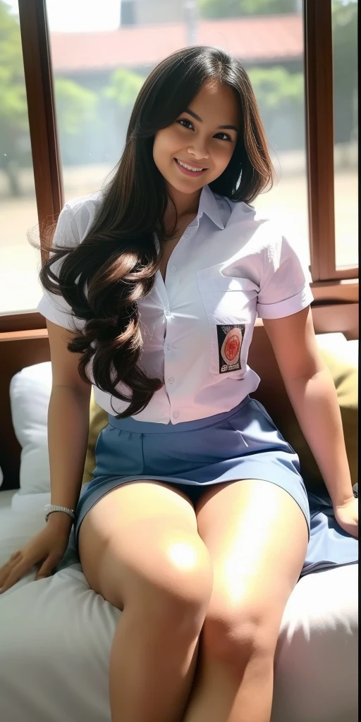 1girl, solo, sensual, top-quality, (professional lighting without shadows), view from far, (ultra wide angle shot: 1.4), (Indonesian_high_school), fit body, long hair, beautiful hairstyle, very seductive pose, little smile, sitting on top of bed, detailed face, detailed eyes, unparalleled beauty, looking at the audience, thick breasts, detailed skin, fit thighs, fit arms, muscular belly, looking at the viewer, wearing very short grey blue skirt, wearing white shirt, (8k, RAW photo, best quality, masterpiece: 1.2), (realistic, realistic: 1.5), ultra-high resolution, hyper-realistic