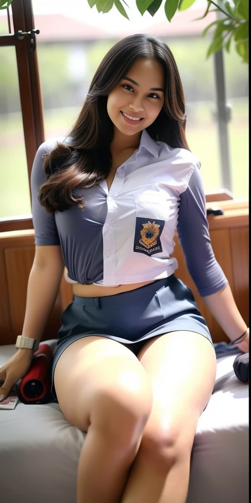 1girl, solo, sensual, top-quality, (professional lighting without shadows), view from far, (ultra wide angle shot: 1.4), (Indonesian_high_school), fit body, long hair, beautiful hairstyle, very seductive pose, little smile, sitting on top of bed, detailed face, detailed eyes, unparalleled beauty, looking at the audience, thick breasts, detailed skin, fit thighs, fit arms, muscular belly, looking at the viewer, wearing very short grey blue skirt, wearing white shirt, (8k, RAW photo, best quality, masterpiece: 1.2), (realistic, realistic: 1.5), ultra-high resolution, hyper-realistic