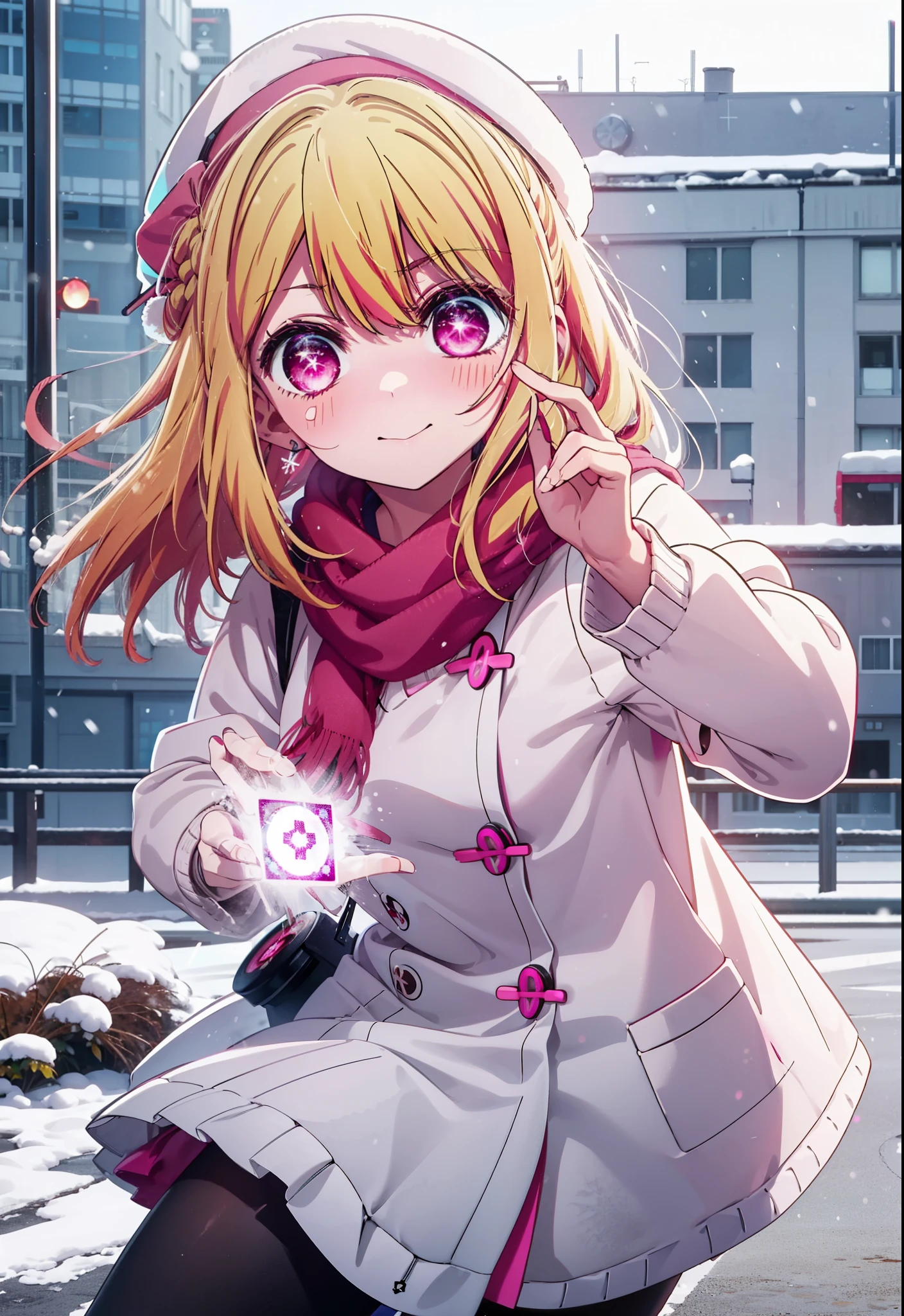 rubyhoshino, Ruby Hoshino, Long Hair, bangs, Blonde, (Pink Eyes:1.3), (Symbol-shaped pupil:1.5), Multicolored Hair, Two-tone hair, smile,White Breath,Knitted hat,Purple Scarf,Red long coat,V-neck sweater,Long skirt,Black Pantyhose,short boots,snow,snow,snow,snow,snowが積もっています,snowが降る,whole bodyがイラスト入るように,Hiding in a roofed building,
break outdoors, construction area,
break looking at viewer, whole body,
break (masterpiece:1.2), Highest quality, High resolution, unity 8k wallpaper, (shape:0.8), (Beautiful attention to detail:1.6), Highly detailed face, Perfect lighting, Extremely detailed CG, (Perfect hands, Perfect Anatomy),