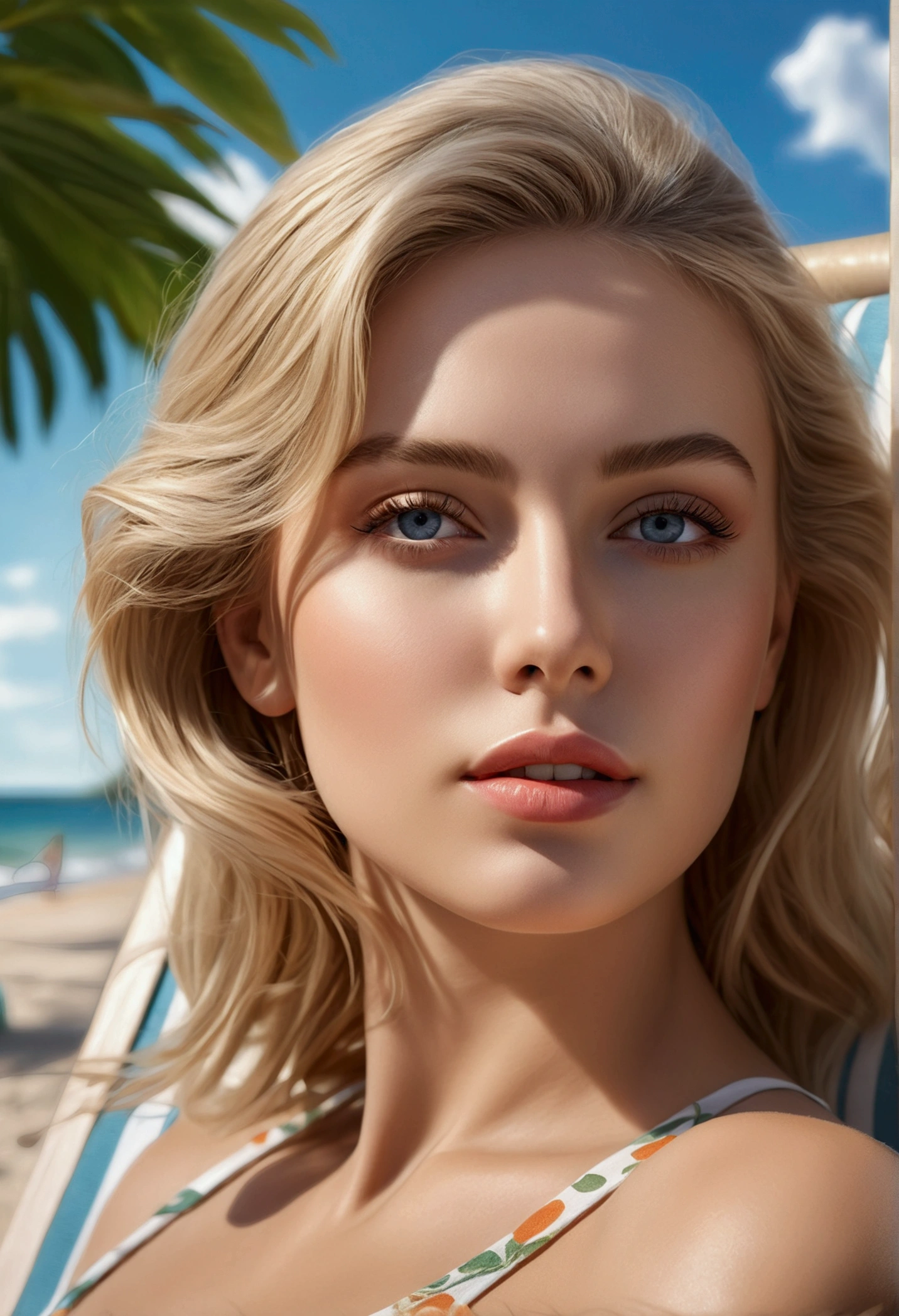 a blonde woman sitting on a beach chair, detailed face and eyes, long eyelashes, beautiful detailed lips, extremely detailed facial features, elegant posture, summer beach scene, warm sunlight, colorful tropical plants, sandy beach, blue sky with fluffy clouds, (best quality,4k,8k,highres,masterpiece:1.2),ultra-detailed,(realistic,photorealistic,photo-realistic:1.37),vibrant colors,natural lighting,serene atmosphere