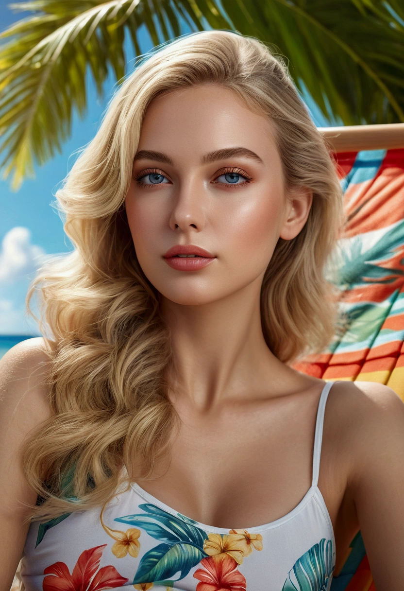 a blonde woman sitting on a beach chair, detailed face and eyes, long eyelashes, beautiful detailed lips, extremely detailed facial features, elegant posture, summer beach scene, warm sunlight, colorful tropical plants, sandy beach, blue sky with fluffy clouds, (best quality,4k,8k,highres,masterpiece:1.2),ultra-detailed,(realistic,photorealistic,photo-realistic:1.37),vibrant colors,natural lighting,serene atmosphere