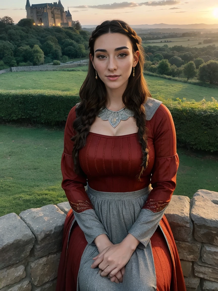 Beautiful and regal, imperious and aloof, busty athletic (thin) brunette queen with sharp facial features, crown braid, wearing a dark red medieval dress, long sleeves, intricate patterns, embroidery, wide neck, crown, veil, long dress, modest dress, tight bodice, (silver waist chain), medieval jewelry, Middle Ages, castle, rampart, wall, exterior, on top of a castle wall, trees, countryside, evening, sunset.
