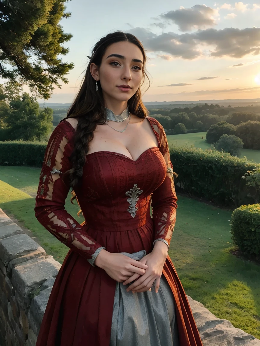 Beautiful and regal, imperious and aloof, busty athletic (thin) brunette queen with sharp facial features, crown braid, wearing a dark red medieval dress, long sleeves, intricate patterns, embroidery, wide neck, crown, veil, long dress, modest dress, tight bodice, (silver waist chain), medieval jewelry, Middle Ages, castle, rampart, wall, exterior, on top of a castle wall, trees, countryside, evening, sunset.