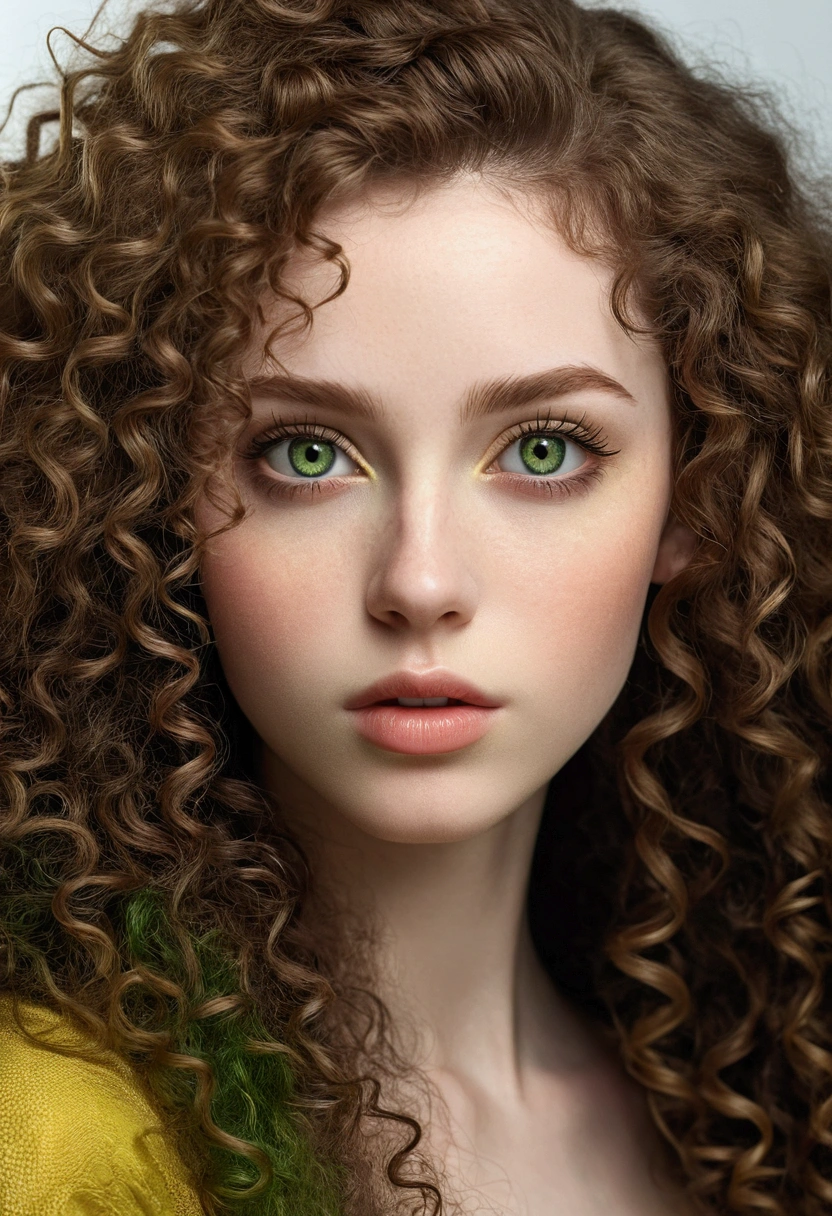 A woman with extremely curly and fluffy long hair, pale skin, and eyes with green, yellow, and brown colors, beautiful detailed eyes, beautiful detailed lips, extremely detailed eyes and face, long eyelashes, photorealistic, 8k, best quality, masterpiece