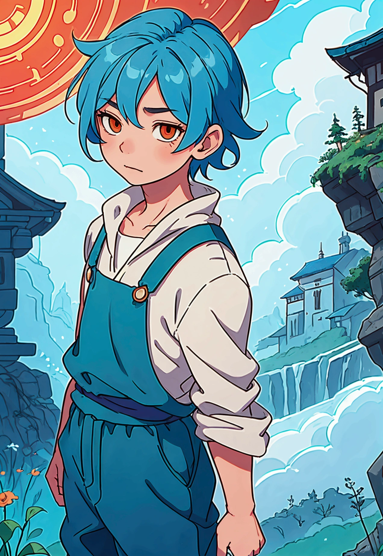 Studio Ghibli style image of a boy with blue hair and orange eyes