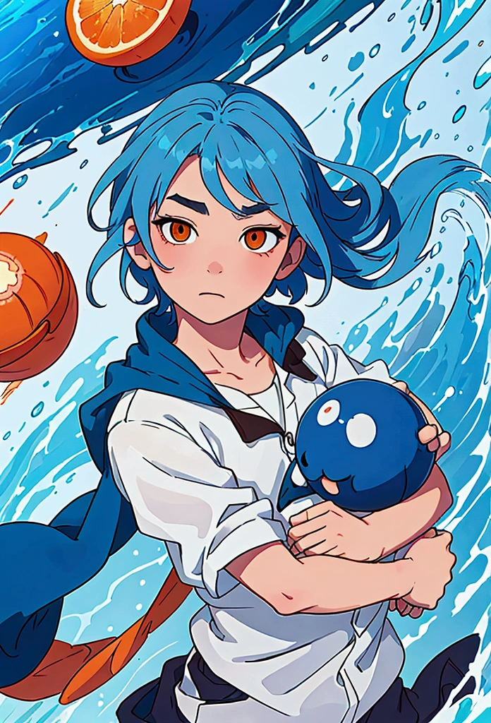 Studio Ghibli style image of a boy with blue hair and orange eyes