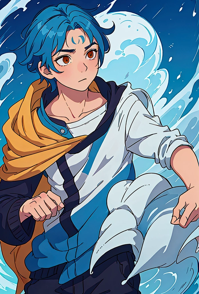 Studio Ghibli style image of a boy with blue hair and orange eyes