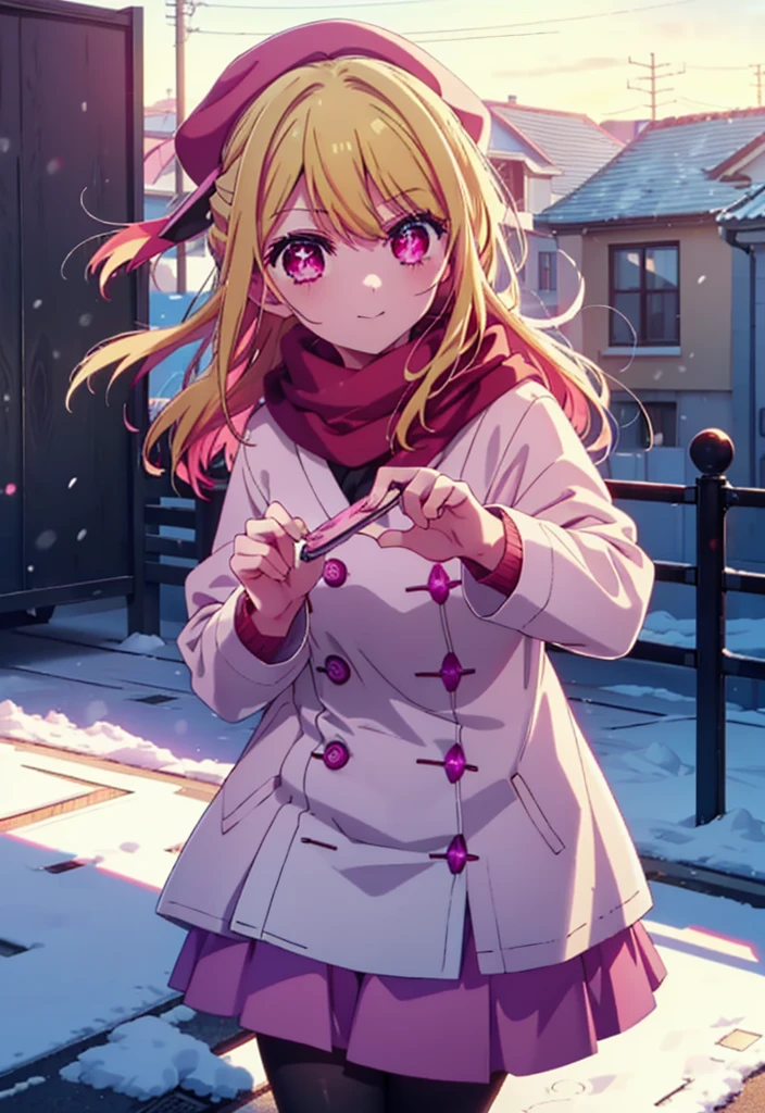 rubyhoshino, Ruby Hoshino, Long Hair, bangs, Blonde, (Pink Eyes:1.3), (Symbol-shaped pupil:1.5), Multicolored Hair, Two-tone hair, smile,White Breath,Knitted hat,Purple Scarf,Red long coat,V-neck sweater,Long skirt,Black pantyhose,short boots,snow,snow,snow,snow,snowが積もっています,snowが降る,whole bodyがイラスト入るように,Hiding in a roofed building,
break outdoors, construction area,
break looking at viewer, whole body,
break (masterpiece:1.2), Highest quality, High resolution, unity 8k wallpaper, (shape:0.8), (Beautiful attention to detail:1.6), Highly detailed face, Perfect lighting, Extremely detailed CG, (Perfect hands, Perfect Anatomy),