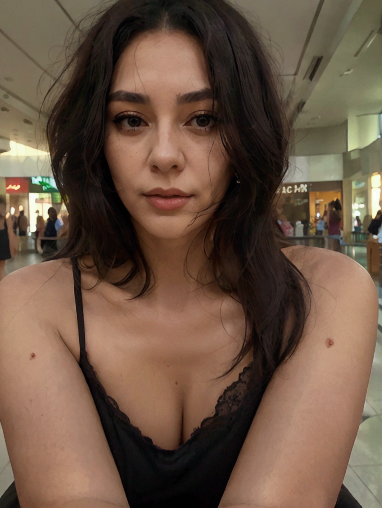 a mature woman, shoulder length black hair, at the mall, Realistic selfie, 18k
