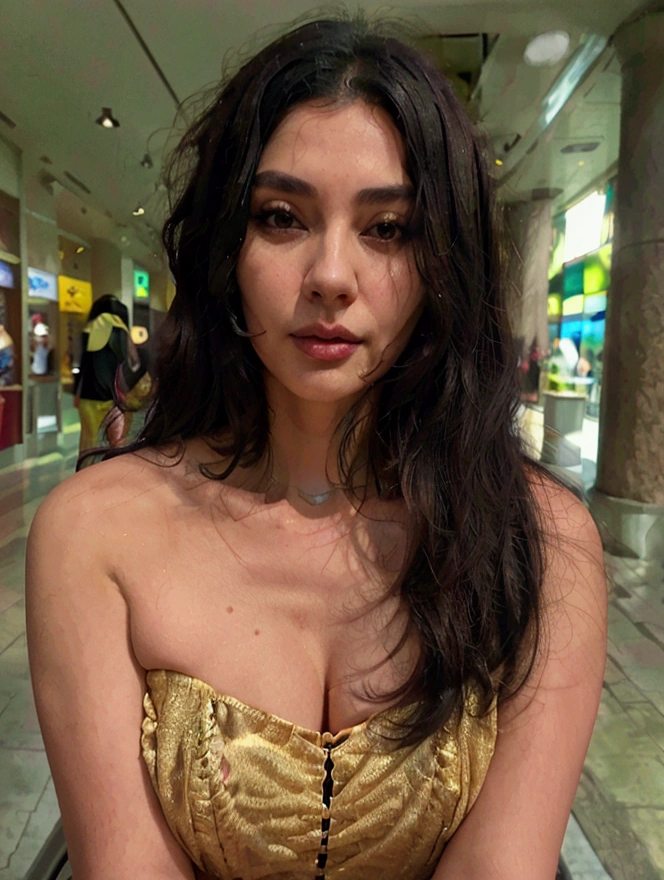 a mature woman, shoulder length black hair, at the mall, Realistic selfie, 18k