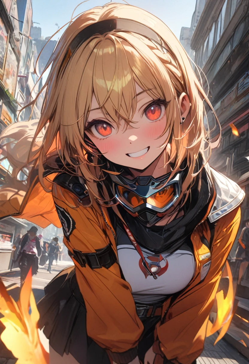 ((Highest quality))、((masterpiece))、(detailed)、((Anatomically correct))、(High resolution、8k)、One Woman、Riding a motorcycle、Round light、Half helmet with goggles、City、Skyscraper district、Blonde、Riders jacket、Black Gloves、Black trousers、Black boots、