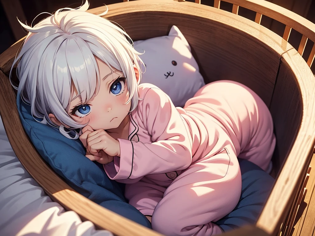 an anime image of a small boy with white hair wearing a thick diaper underneath a onesie pajama, sleeping in a crib, (1boy), adorable, masterpiece, extremely detailed, beautiful eyes, sharp focus, vivid colors, studio lighting, intricate details, soft textures, soft lighting, dramatic lighting, cozy atmosphere, high quality,
