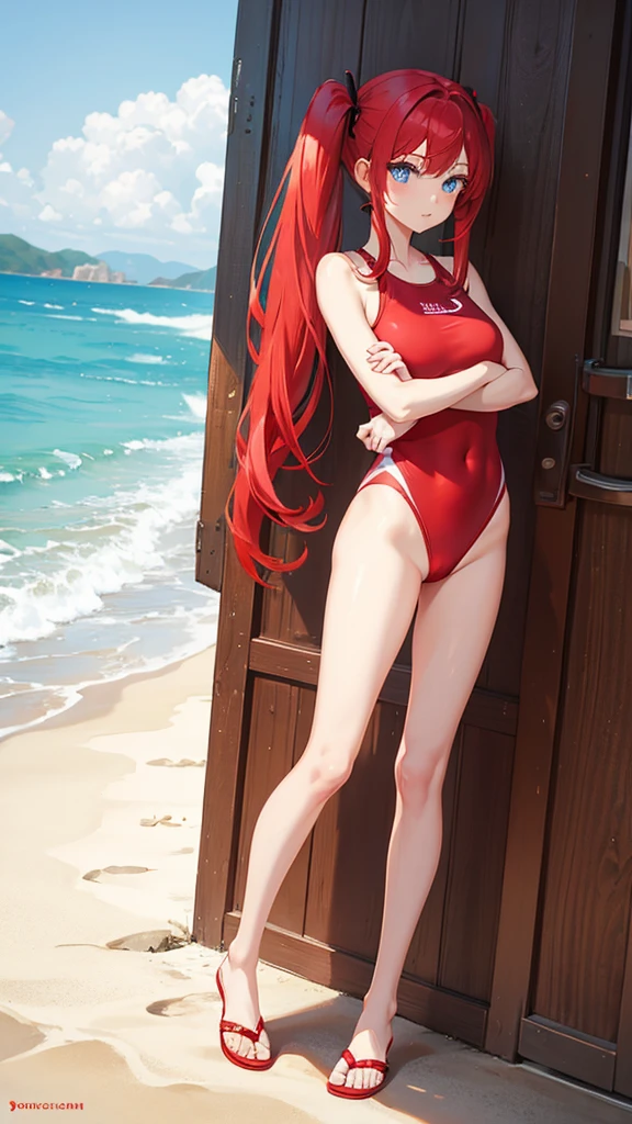red hair, twintail, small , blue eyes, red swimsuit, slender, thin legs