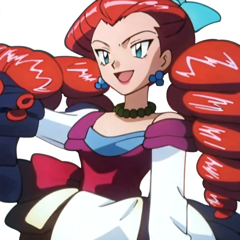 (masterpiece, best quality:1.2,,ultra detailed,8k),1girl,solo,Jessebelle \(pokemon\),dress,drill hair,red hair,earrings,green eyes,hair bow,long sleeves,necklace,smile,looking at viewer