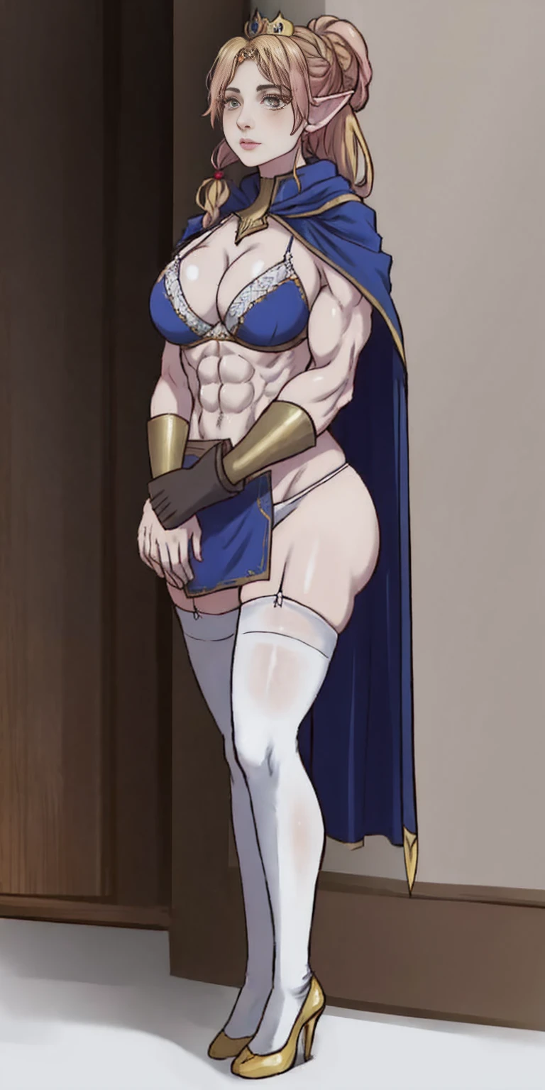 extremely long hair, ponytail, perfect anatomy 1 girl tall solo, slim thick ((muscular)) high elf full body toe to head toned body, silver breast plate, blue cape, slendered abs, hourglass waist, detailed face, defined cheekbones, puffy lips, gauntlets, gold crown, shadow over eyes, looking at viewer, masterpiece, white thigh highs lingerie, high heels