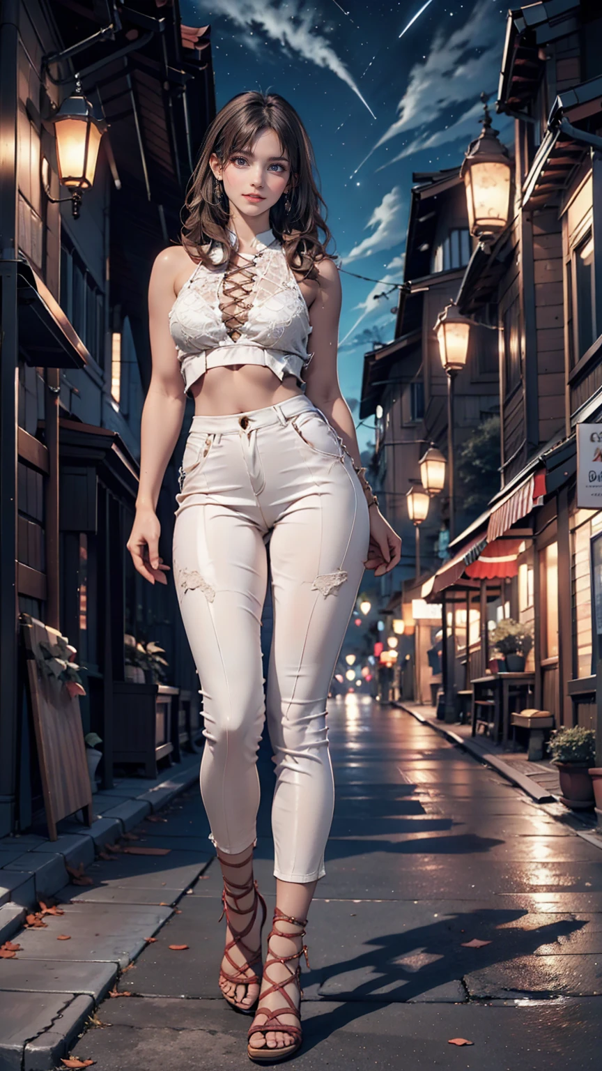 24 year old Caucasian female、Silver Hair、Straight Hair、Lace choker、Strap shoulder tops、No bra、Chest(Nipple swelling emphasis)、Colorful leggings、Stiletto heels、Place hands on hips、Wide stone steps in the old town(Lean on the railing)、smile