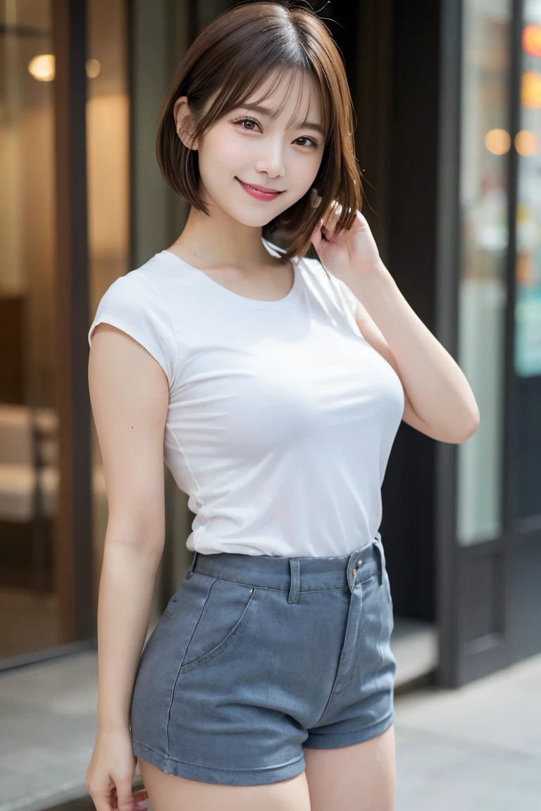 Shopping street: Tight shirt and shorts showing nipples, Highest quality, shape, Very detailed, In detail, High resolution, 8k wallpaper, Perfect dynamic composition, Beautiful details, Natural Lip, Tight T-shirt that clearly shows the nipples Nipples are clearly visible, Big Breasts, 胸の谷間 乳首のshapeが浮いている, She is smiling in a cute pose.., A masterpiece of the whole body, Side Short