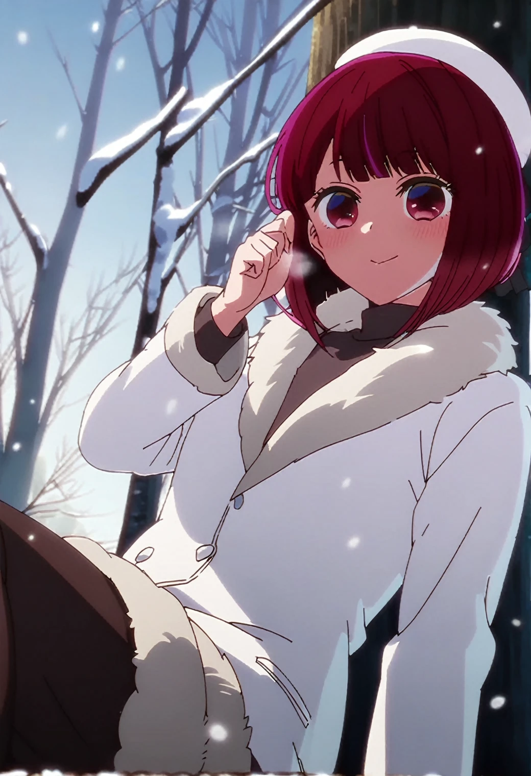 1girl, arimakana, white hat, beret, fur jacket, fur trim, white jacket, looking at viewer, blush, light smile, bare tree, snow, snowing, dutch angle, sitting, against tree, breath, steam,
BREAK
score_9, score_8_up, score_7_up, score_6_up, anime, screencap