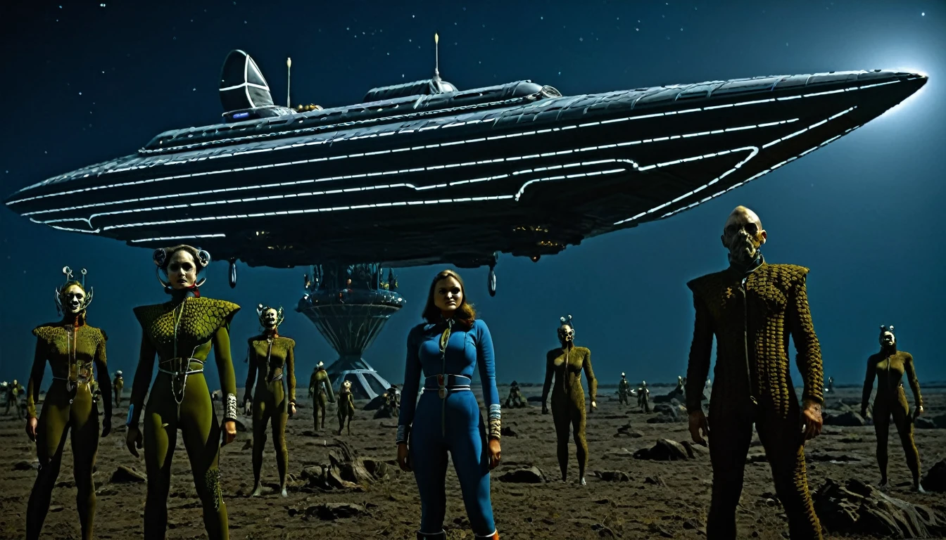 in (full medium shot:3.1) of various characters with a starship in the background from a film for slaves from beyond infinity, futuristic apocalypse, detailed, moody, epic, altered reality, insane, disgusting, disturbing, impactful, inspired by Clyde Caldwell and Ed Emshwiller, stalenhag, (with Creepy, Sci- Fi, Fantasy and Horror: 2.9) retro sci-fi, horror film, detailed glass, Kodak Vision3, (intricate details: 2.4), ( hyperdetail: 3.1), (8k resolution: 3.1), (high detail: 4.1), lots of details, high quality, soft light (cinematic: 3.3), masterpiece, dramatic atmosphere, atmospheric perspective, (impactful art: 2.8), rich colors, 3D rendering