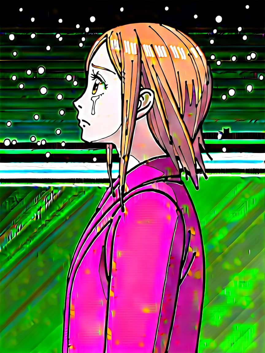 score_9, score_8_up, score_7_up, source_anime, Risa Koizumi, ginger hair, very tall, school girl, stylish,brown eyes, big eyes, winter casual outfit,standing, looking up, sad, tears, face focus, from side, background rooftop, at night, snow, snowfall, best quality, masterpiece