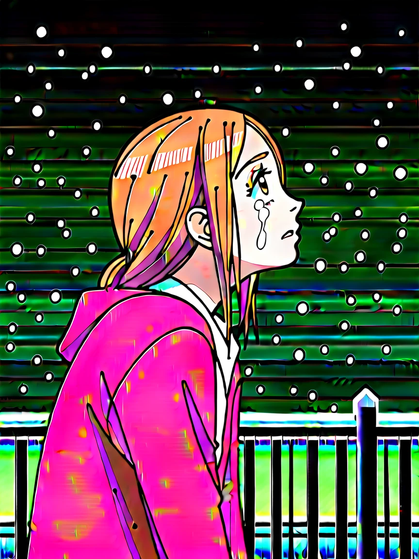 score_9, score_8_up, score_7_up, source_anime, Risa Koizumi, ginger hair, very tall, school girl, stylish,brown eyes, big eyes, winter casual outfit,standing, looking up, sad, tears, face focus, from side, background rooftop, at night, snow, snowfall, best quality, masterpiece