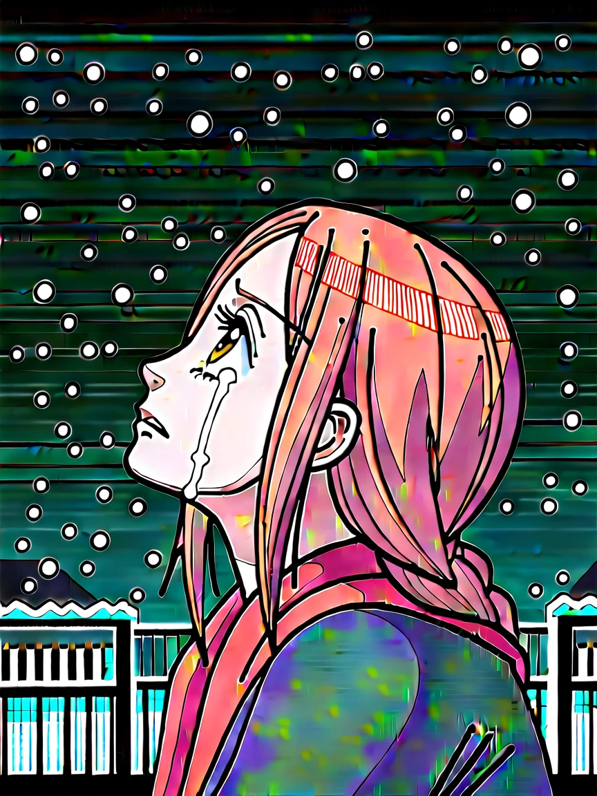 score_9, score_8_up, score_7_up, source_anime, Risa Koizumi, ginger hair, very tall, school girl, stylish,brown eyes, big eyes, winter casual outfit,standing, looking up, sad, tears, face focus, from side, background rooftop, at night, snow, snowfall, best quality, masterpiece