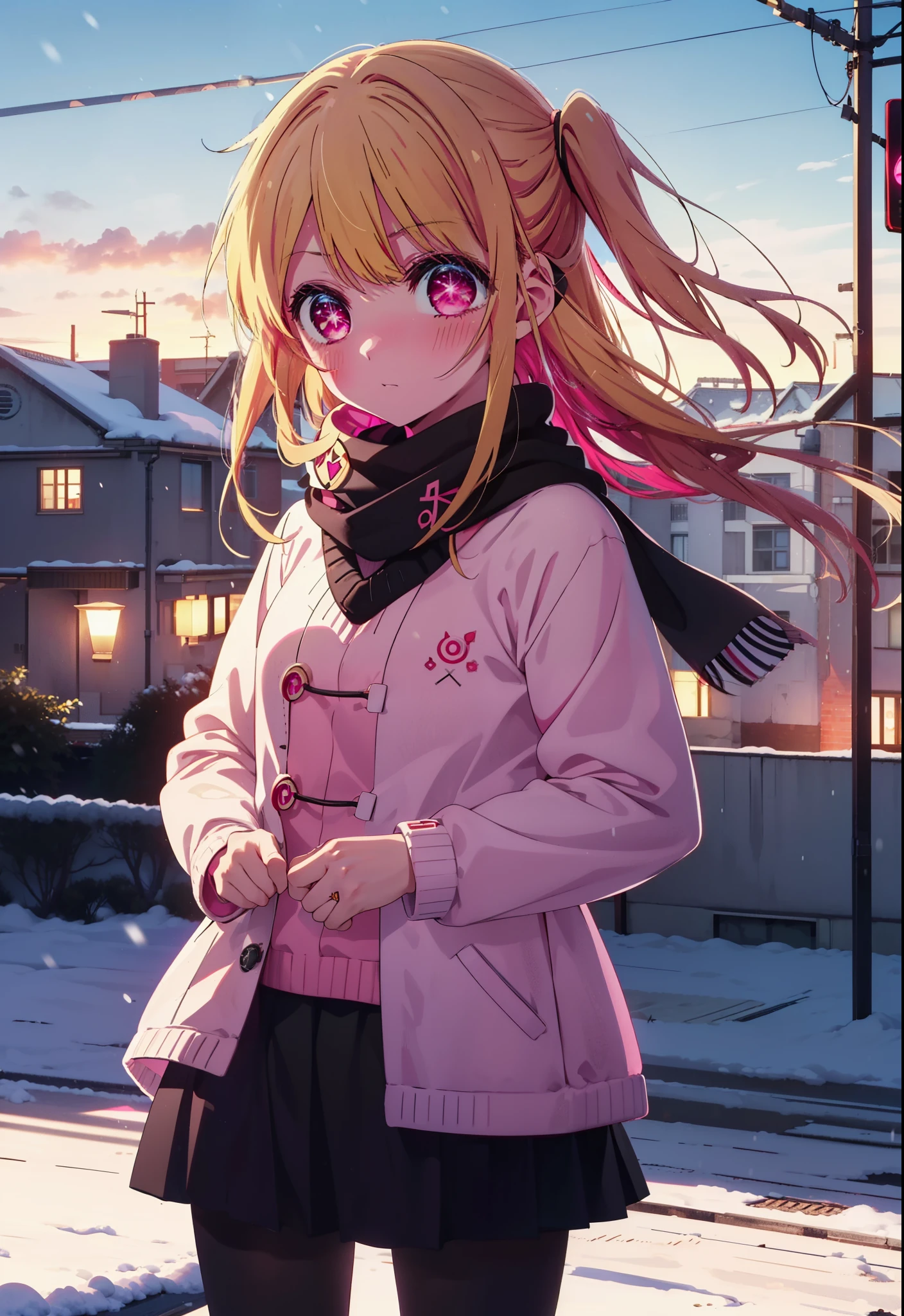 rubyhoshino, Ruby Hoshino, Long Hair, bangs, Blonde, (Pink Eyes:1.3), (Symbol-shaped pupil:1.5), Multicolored Hair, Two-tone hair, Earmuffs,Knitted hat,Purple Scarf,Red long coat,V-neck sweater,Long skirt,Black Pantyhose,short boots,snow,snow,snow,snow,snowが積もっています,snowが降る,whole bodyがイラスト入るように,Hiding in a roofed building,
break outdoors, construction area,
break looking at viewer, whole body,
break (masterpiece:1.2), Highest quality, High resolution, unity 8k wallpaper, (shape:0.8), (Beautiful attention to detail:1.6), Highly detailed face, Perfect lighting, Extremely detailed CG, (Perfect hands, Perfect ???????),