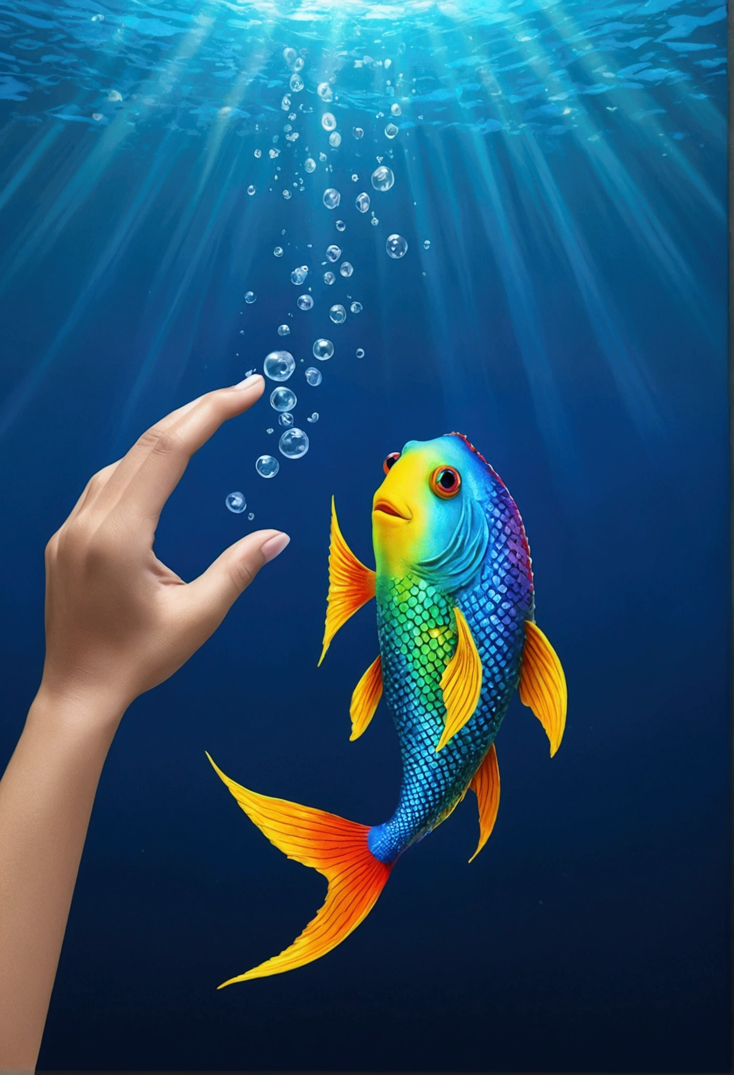 The images I need have to be related to this text 3. The Rainbow Fish At the bottom of the ocean lived a fish called Rainbow, famous for its beautiful colored scales. Although it was very pretty, Rainbow felt lonely because he didn&#39;t share his scales with others.. One day, a small fish asked for a scale and, although at first he hesitated, decided to give him one. From that moment, Rainbow began to share her scales and soon had many friends. He learned that sharing and friendship are the true riches of the ocean.