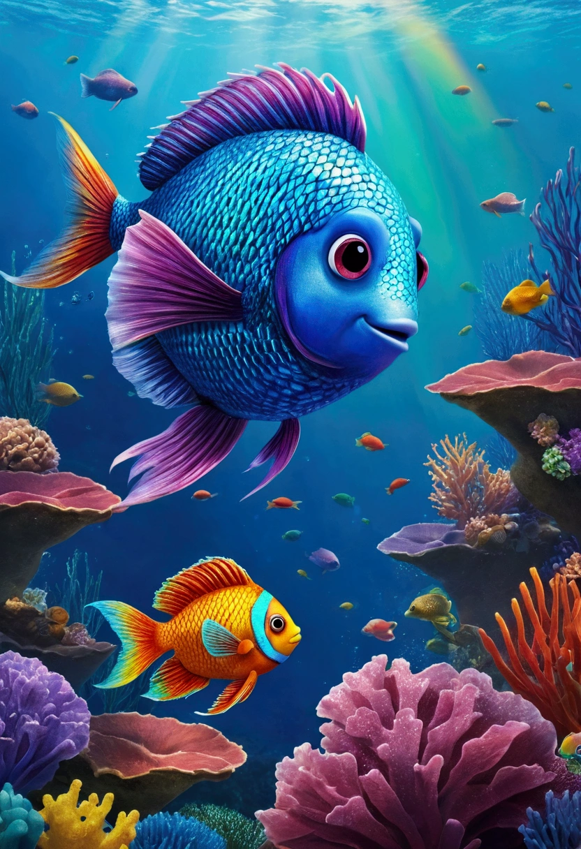 The images I need have to be related to this text 3. The Rainbow Fish At the bottom of the ocean lived a fish called Rainbow, famous for its beautiful colored scales. Although it was very pretty, Rainbow felt lonely because he didn't share his scales with others.. One day, a small fish asked for a scale and, although at first he hesitated, decided to give him one. From that moment, Rainbow began to share her scales and soon had many friends. He learned that sharing and friendship are the true riches of the ocean.