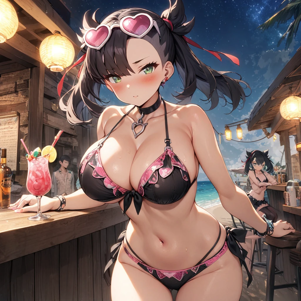 (masterpiece), best quality, expressive eyes, perfect face,1girl,gravure idol,big breasts,pink and black patterned string bikini,pink heart-shaped sunglases on head,strap gap,beach,beach bar,blush,cowboy shot,looking at viewer 
, red ribbon, asymmetrical bangs, twintails, green eyes, hair ribbon, black hair, marnie, heart pendant,night,starry sky