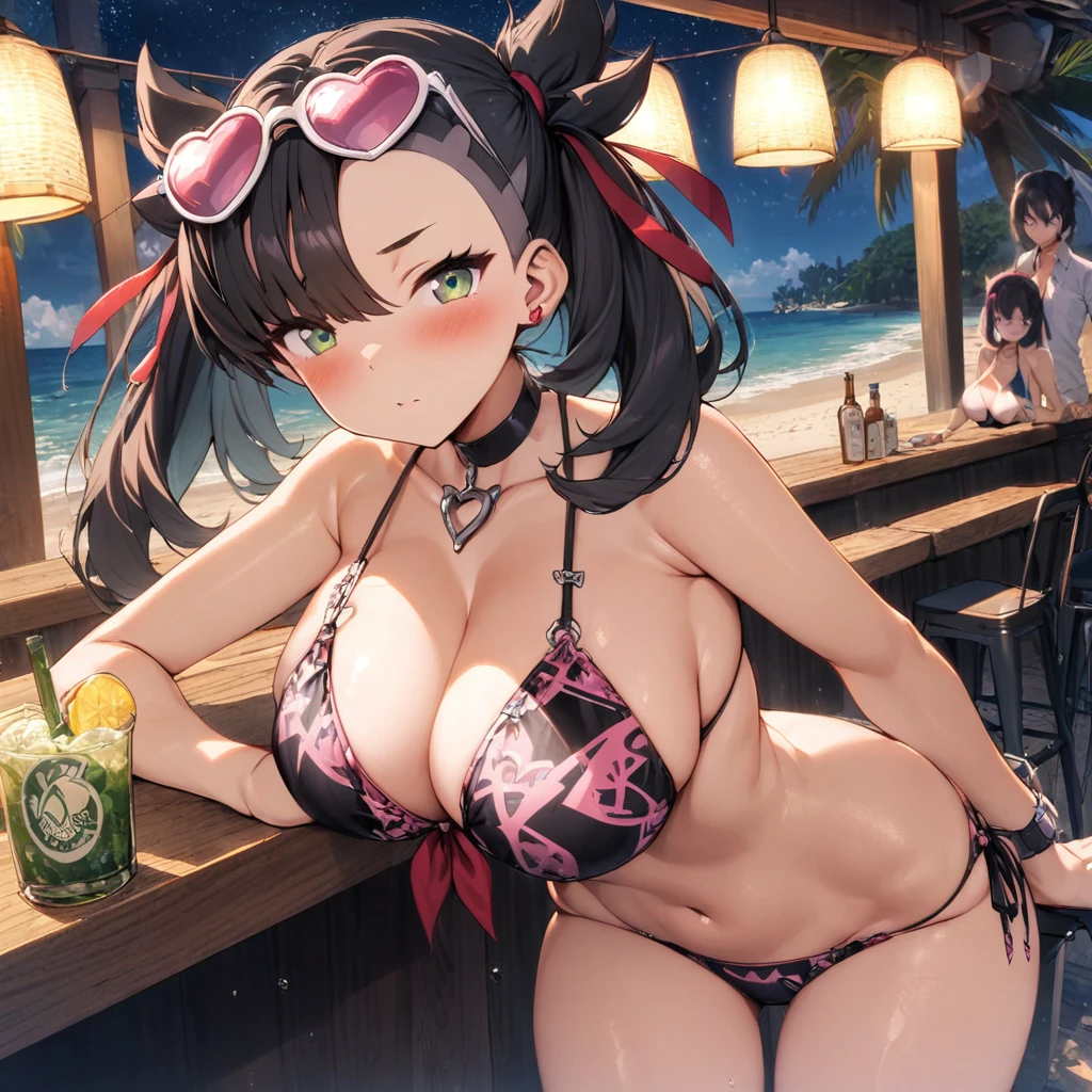 (masterpiece), best quality, expressive eyes, perfect face,1girl,gravure idol,big breasts,pink and black patterned string bikini,pink heart-shaped sunglases on head,strap gap,beach,beach bar,blush,cowboy shot,looking at viewer 
, red ribbon, asymmetrical bangs, twintails, green eyes, hair ribbon, black hair, marnie, heart pendant,night,starry sky