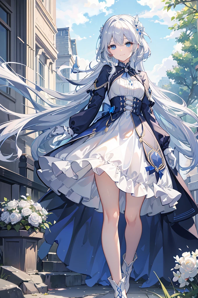 A woman with white hair and blue eyes、adult、Long, fluffy wavy hair、Braiding、Wearing hair ornaments、Smiling、Princess、White gloves、Blue-tinted dress、ribbon、Decorations such as roses and drops、race、Wearing a white and blue cape、The dress is short in the front and long in the back、Garter Ring、short boots、Fantasy