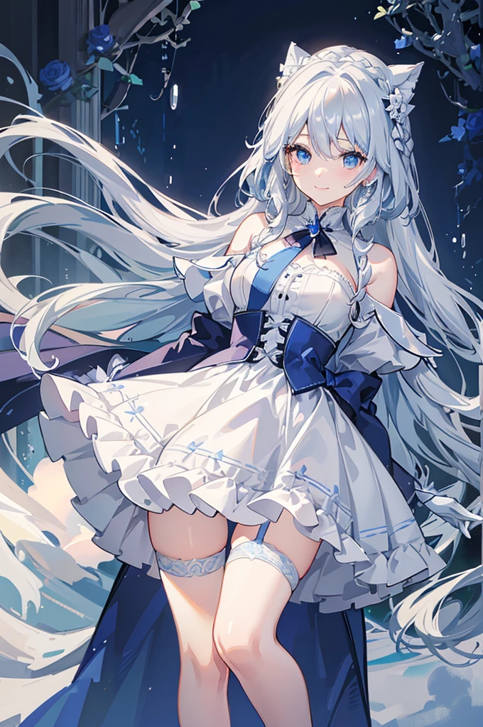 A woman with white hair and blue eyes、adult、Long, fluffy wavy hair、Braiding、Wearing hair ornaments、Smiling、Princess、White gloves、Blue-tinted dress、ribbon、Decorations such as roses and drops、race、Wearing a white and blue cape、The dress is short in the front and long in the back、Garter Ring、short boots、Fantasy