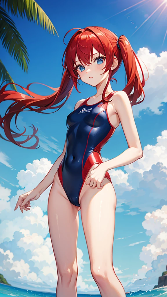 red hair, twintail, small breast, blue eyes, red swimsuit, slender, thin legs
