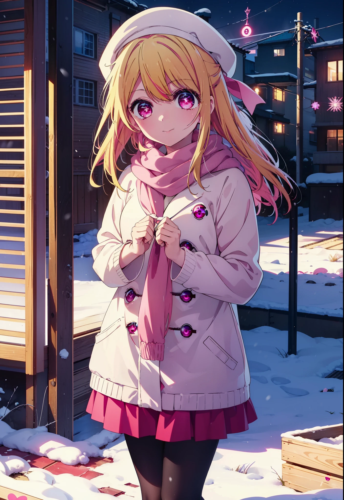 rubyhoshino, Ruby Hoshino, Long Hair, bangs, Blonde, (Pink Eyes:1.3), (Symbol-shaped pupil:1.5), Multicolored Hair, Two-tone hair, smile,White Breath,Knitted hat,Purple Scarf,Red long coat,V-neck sweater,Long skirt,Black pantyhose,short boots,snow,snow,snow,snow,snowが積もっています,snowが降る,whole bodyがイラスト入るように,Hiding in a roofed building,
break outdoors, construction area,
break looking at viewer, whole body,
break (masterpiece:1.2), Highest quality, High resolution, unity 8k wallpaper, (shape:0.8), (Beautiful attention to detail:1.6), Highly detailed face, Perfect lighting, Extremely detailed CG, (Perfect hands, Perfect Anatomy),