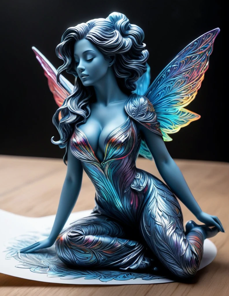 Dessiner une figurine 4D de style encre uhd époustouflante et à couper le souffle, effet holographique qui semble sortir de la feuille de dessin, extremely detailed drawing, hyperRéaliste, sublime details. Truly remarkable work, joyful and sensual work, couleurs de feu, taille fine et sublime poitrine effet push-up