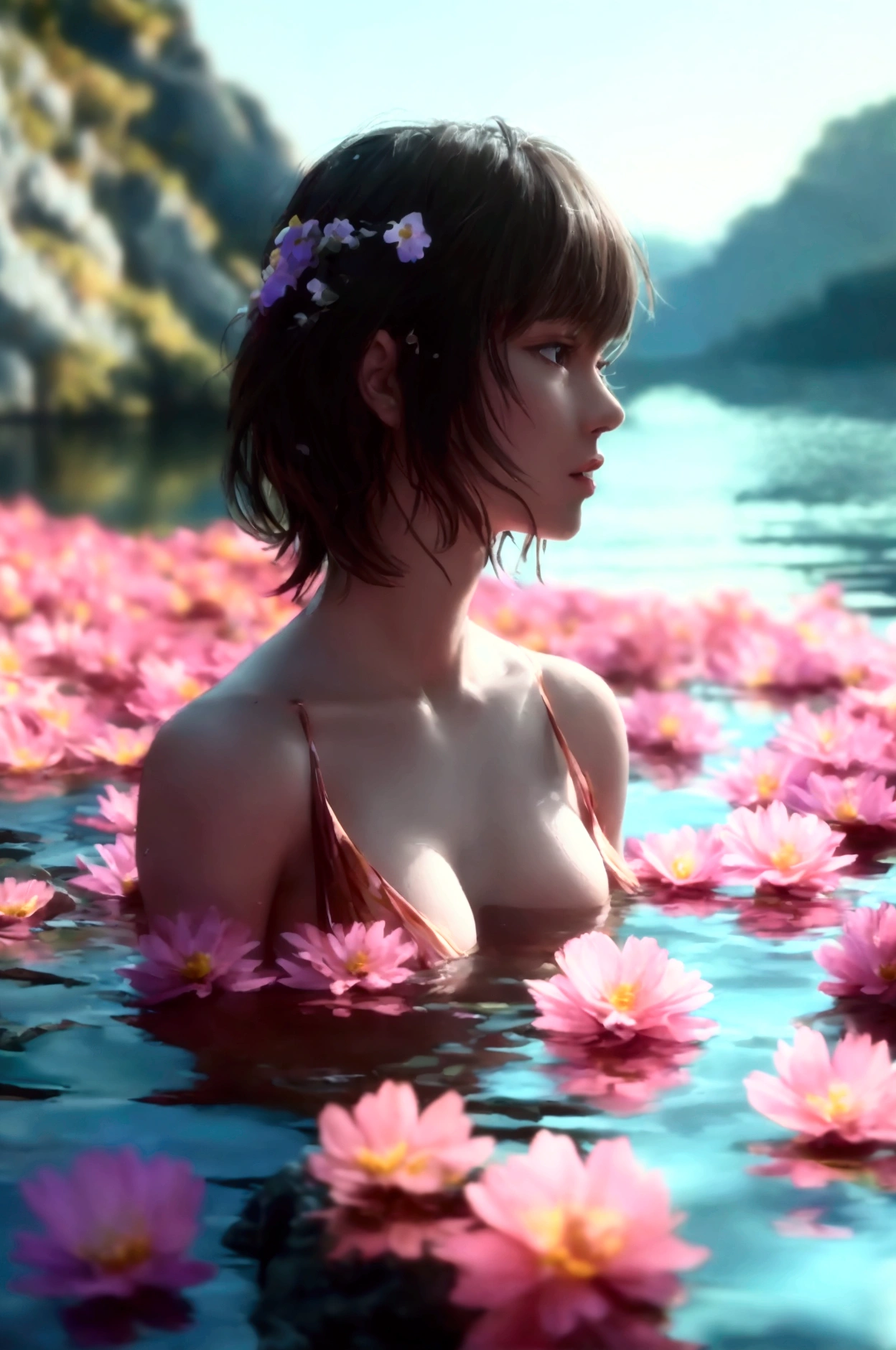 ULTIMATE FLIGHT IN 8K DOLBY VISION® (HDR)naked gorgeous woman,lighting,expressive body language,((in a lake, with flowers and rocks)).