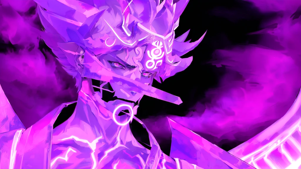 purple and black digital painting of a demonic looking creature, evil aura, male sasuke demon hybrid, menacing aura, transforming into his final form, purple ancient antler deity, sasuke sudano, purple glowing core in armor, full body close-up shot, realistic, oni, realistic sci-fi