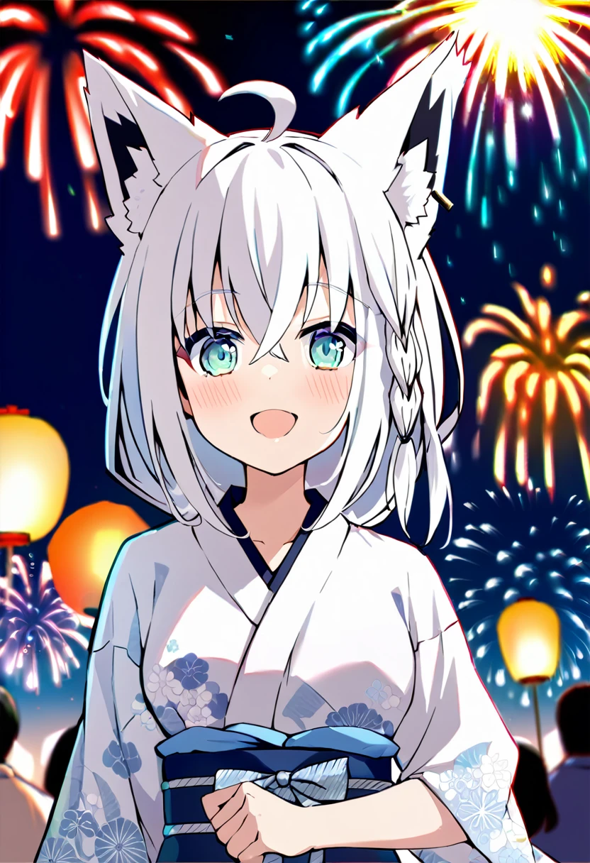 one girl, Shirakami Fubuki, fox ears, white hair, upperbody focus, yukata, beautiful, cute, fireworks, Japanese summer festival